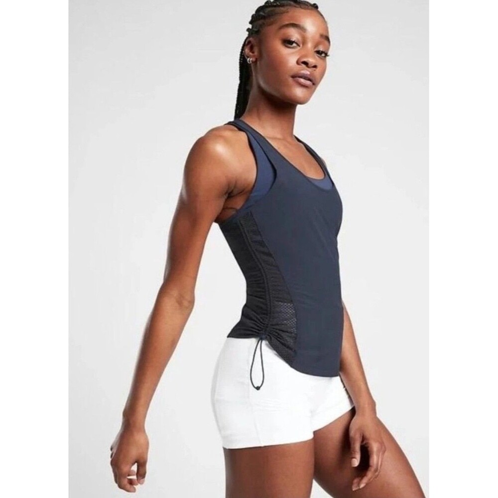 Athleta Women's Size S Yosemite Navy Mesh Ruched Drawstring Side Razorback Tank